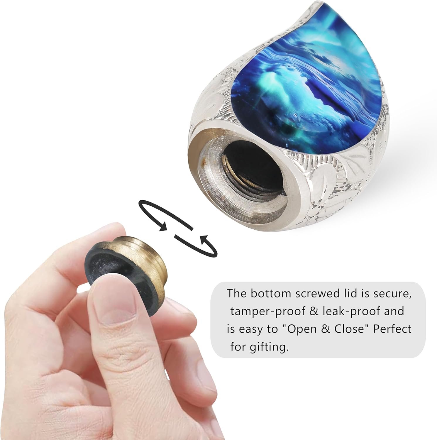 Small Teardrop Keepsake Turquoise Urn for Ashes – Brass, Cosmic Galaxy & Aurora Borealis - Image 5