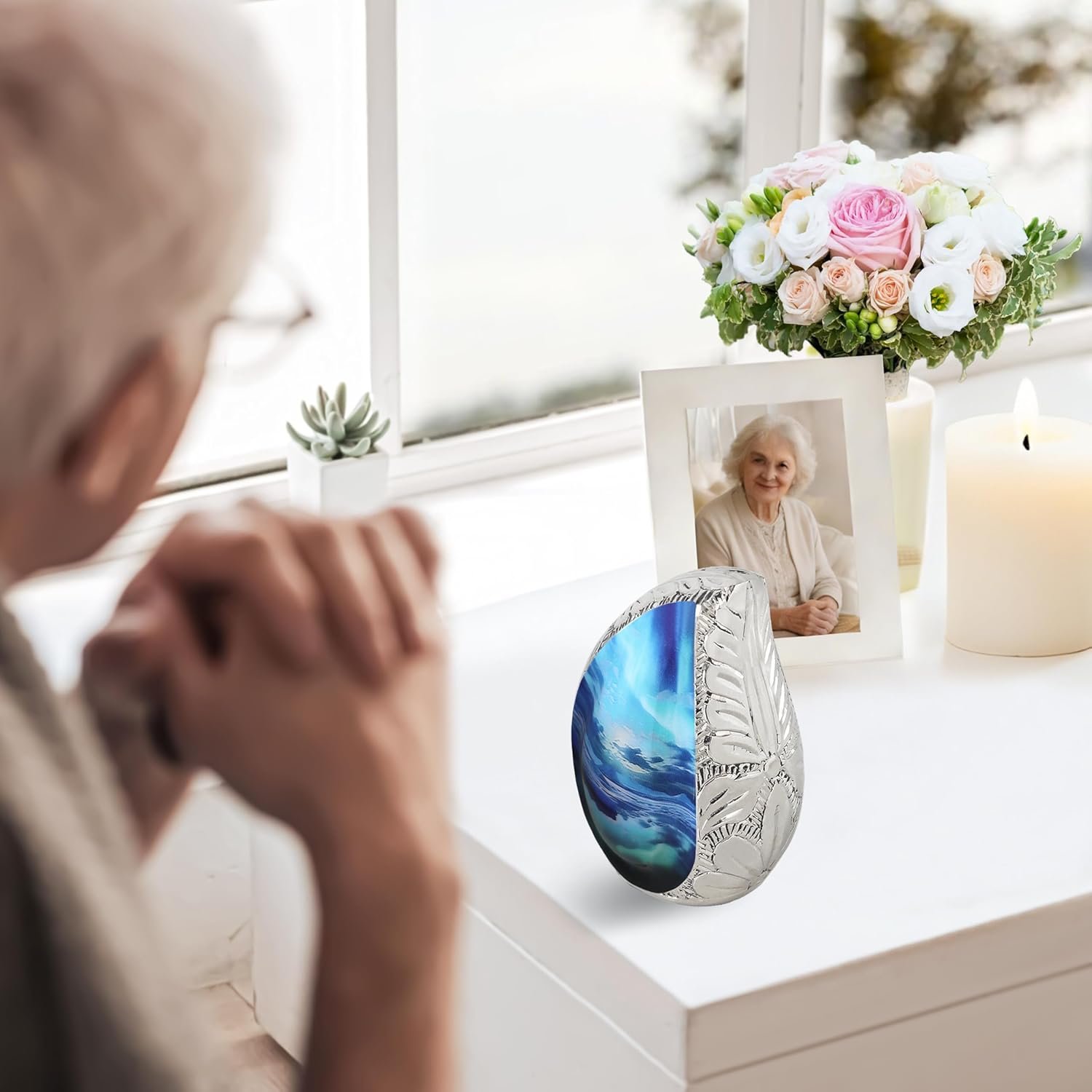 Small Teardrop Keepsake Turquoise Urn for Ashes – Brass, Cosmic Galaxy & Aurora Borealis - Image 6