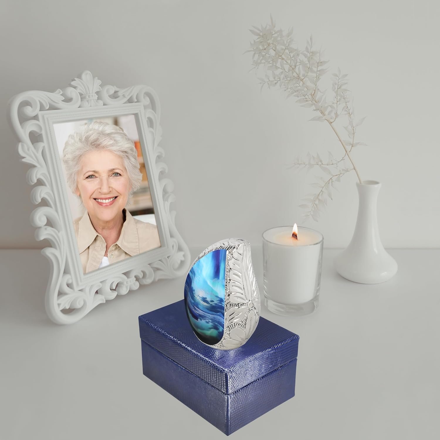 Small Teardrop Keepsake Turquoise Urn for Ashes – Brass, Cosmic Galaxy & Aurora Borealis - Image 2