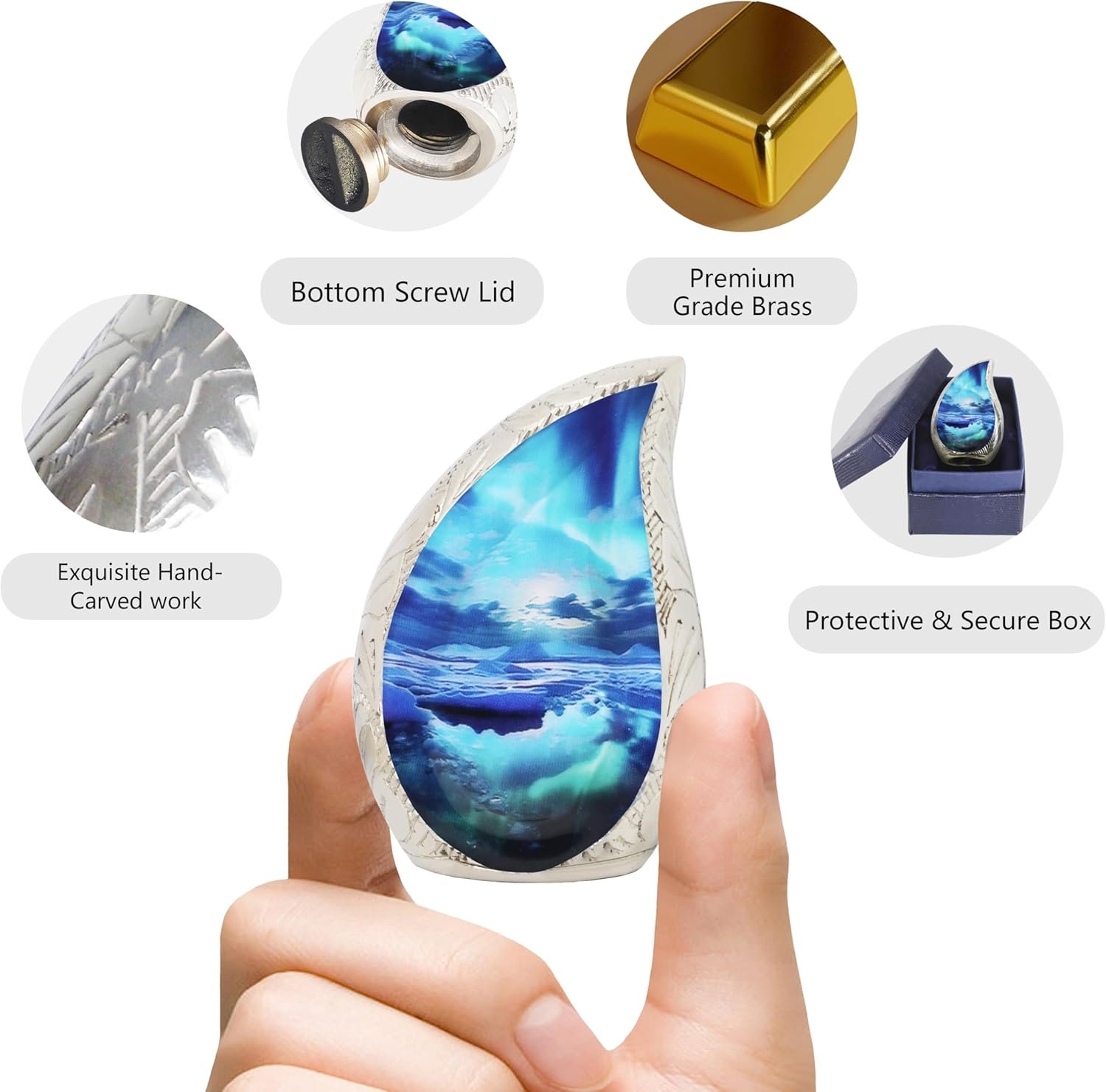Small Teardrop Keepsake Turquoise Urn for Ashes – Brass, Cosmic Galaxy & Aurora Borealis - Image 7