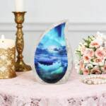 Small Teardrop Keepsake Turquoise Urn for Ashes – Brass, Cosmic Galaxy & Aurora Borealis