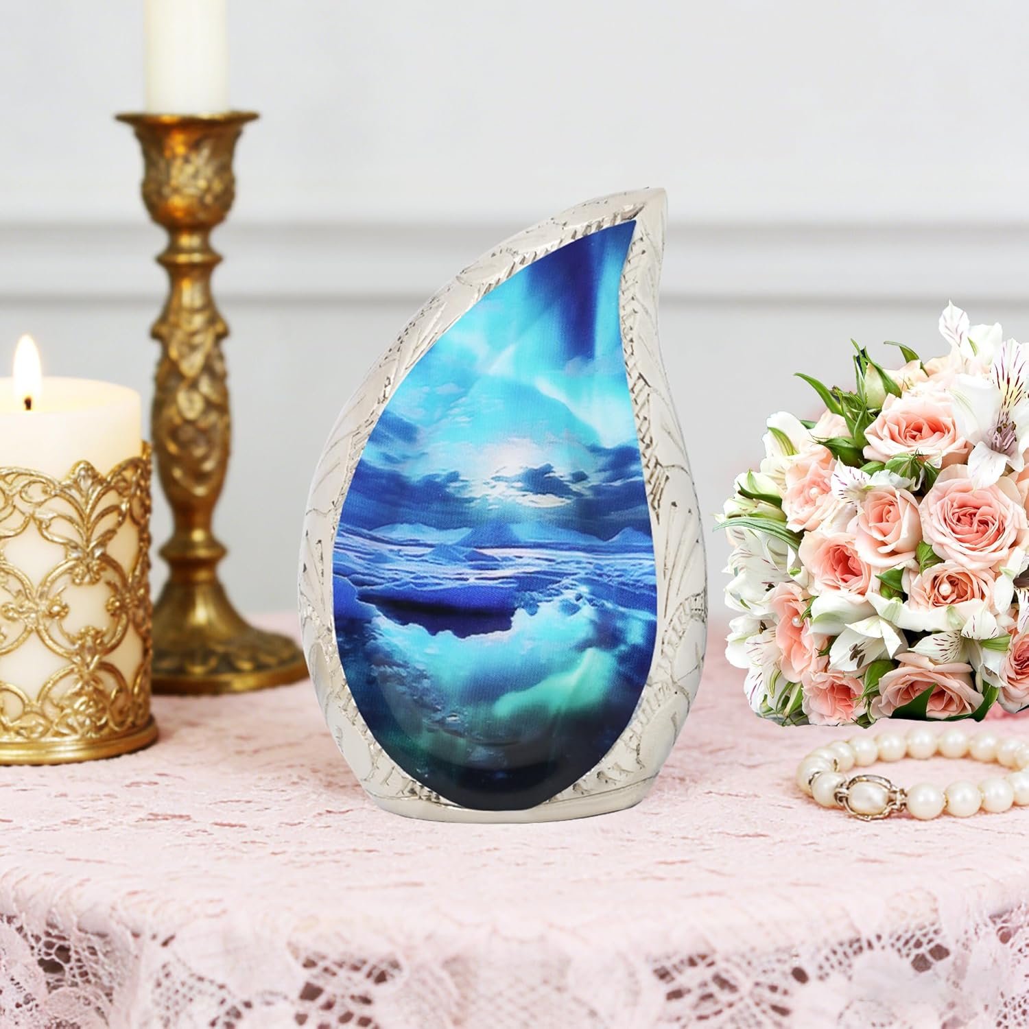 Small Teardrop Keepsake Turquoise Urn for Ashes – Brass, Cosmic Galaxy & Aurora Borealis