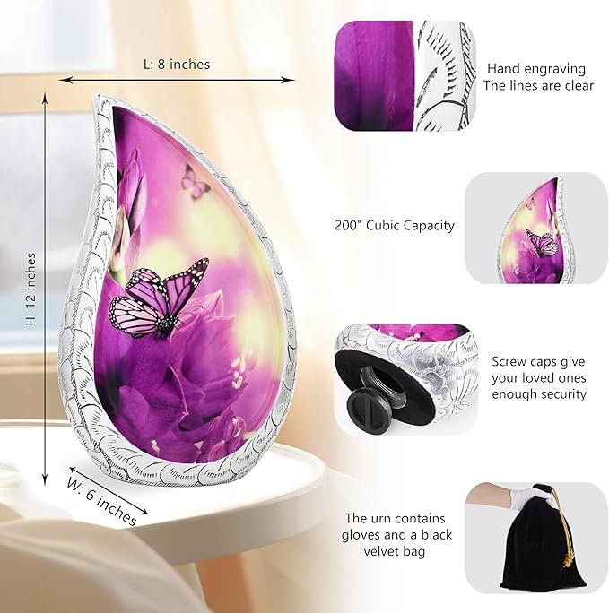 Purple Butterfly Adult Large Cremation Urn for Human Ashes - Image 2