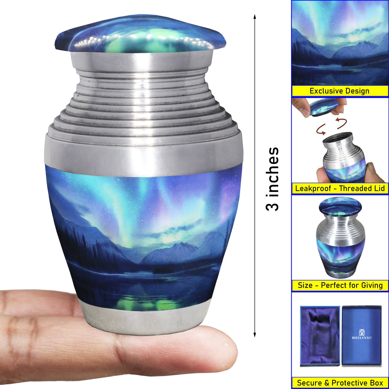M MEILINXU Small Urns for Human Ashes Keepsake, Decorative Cremation Urns for Human - Aurora Borealis Urn for Ashes for Women & Male, Turquoise, Galaxy Small Keepsake - Little Urn - Image 2
