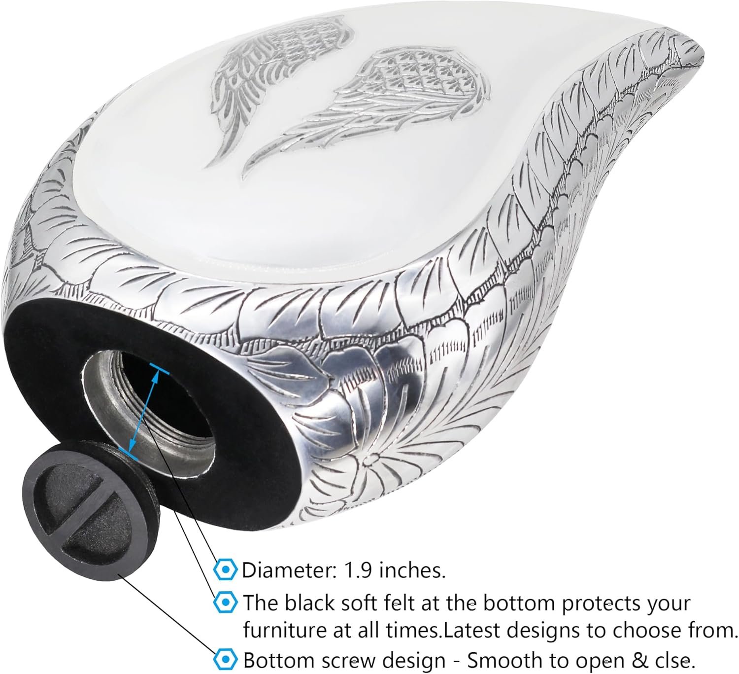 Large Teardrop Cremation Urn with White Engraved Angel Wings – Decorative Burial Urn for Adults - Image 5