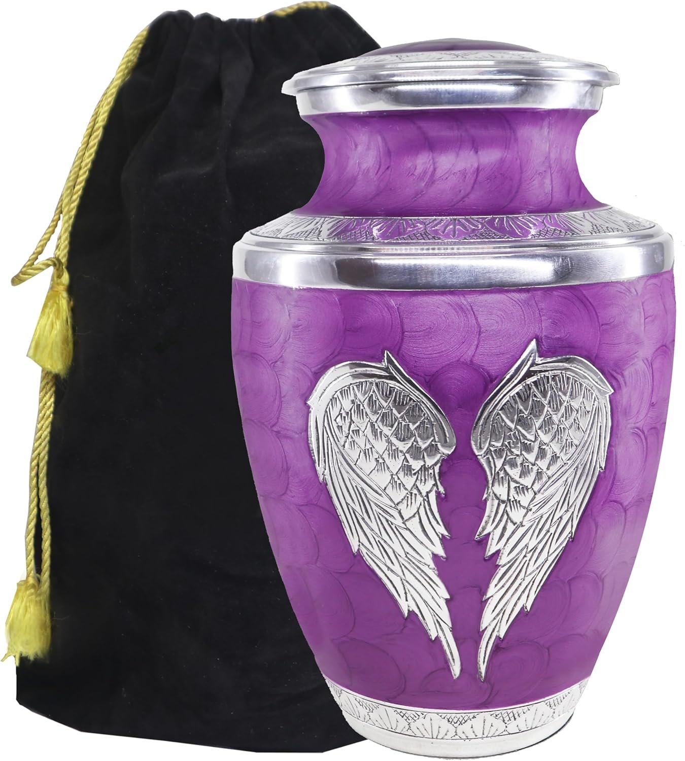 Large Purple Cremation Urn with Silver Angel Wings – Decorative Burial Urn for Adult Men & Women - Image 2