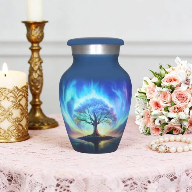 Small Tree of Life Keepsake Urn – Mini Blue Decorative Cremation Urn for Men & Women