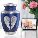 Large Dark Blue Cremation Urn with Silver Angel Wings – Decorative Burial Urn for Adult Men & Women