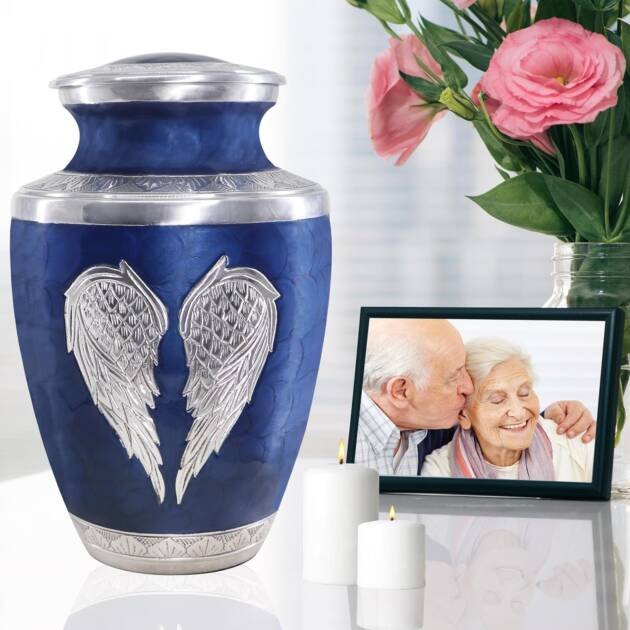 Large Dark Blue Cremation Urn with Silver Angel Wings – Decorative Burial Urn for Adult Men & Women