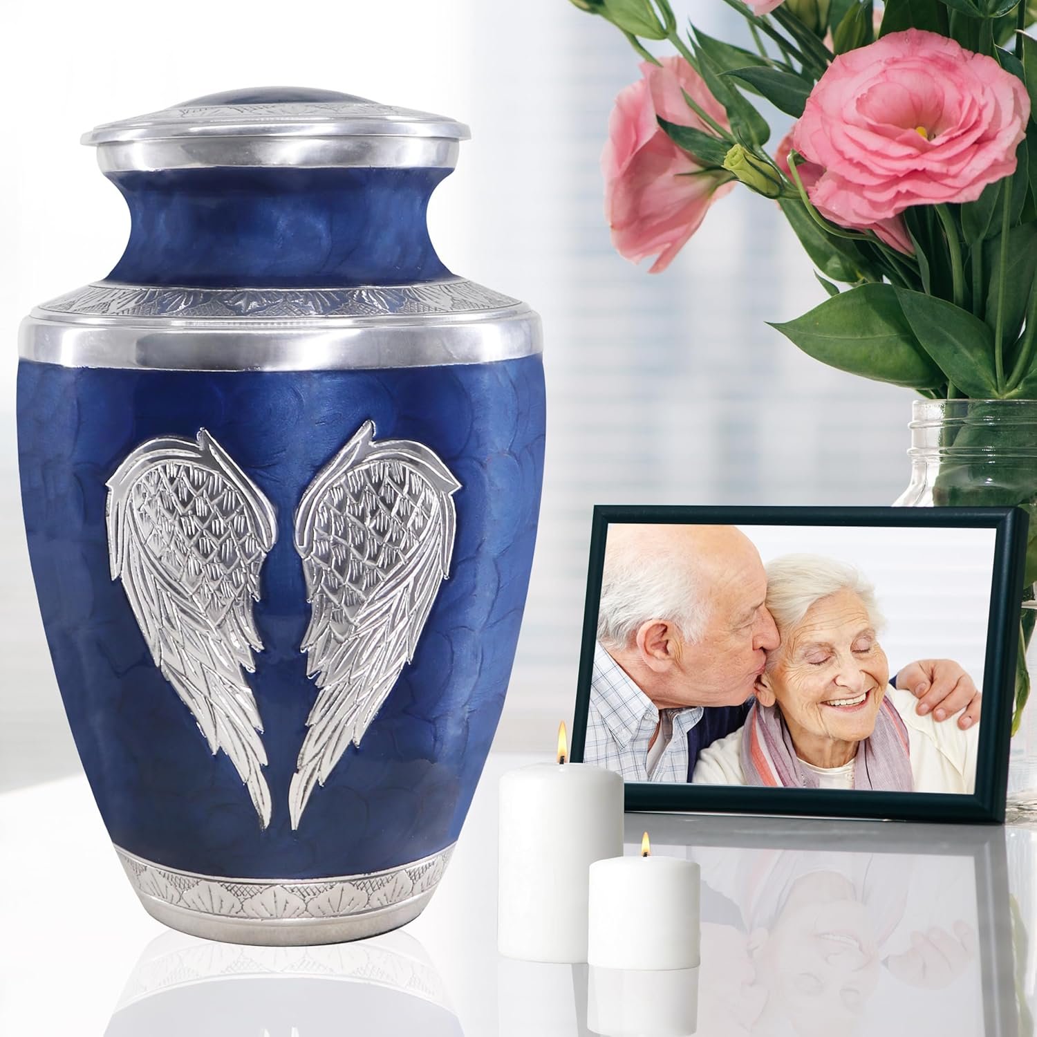 Large Dark Blue Cremation Urn with Silver Angel Wings – Decorative Burial Urn for Adult Men & Women