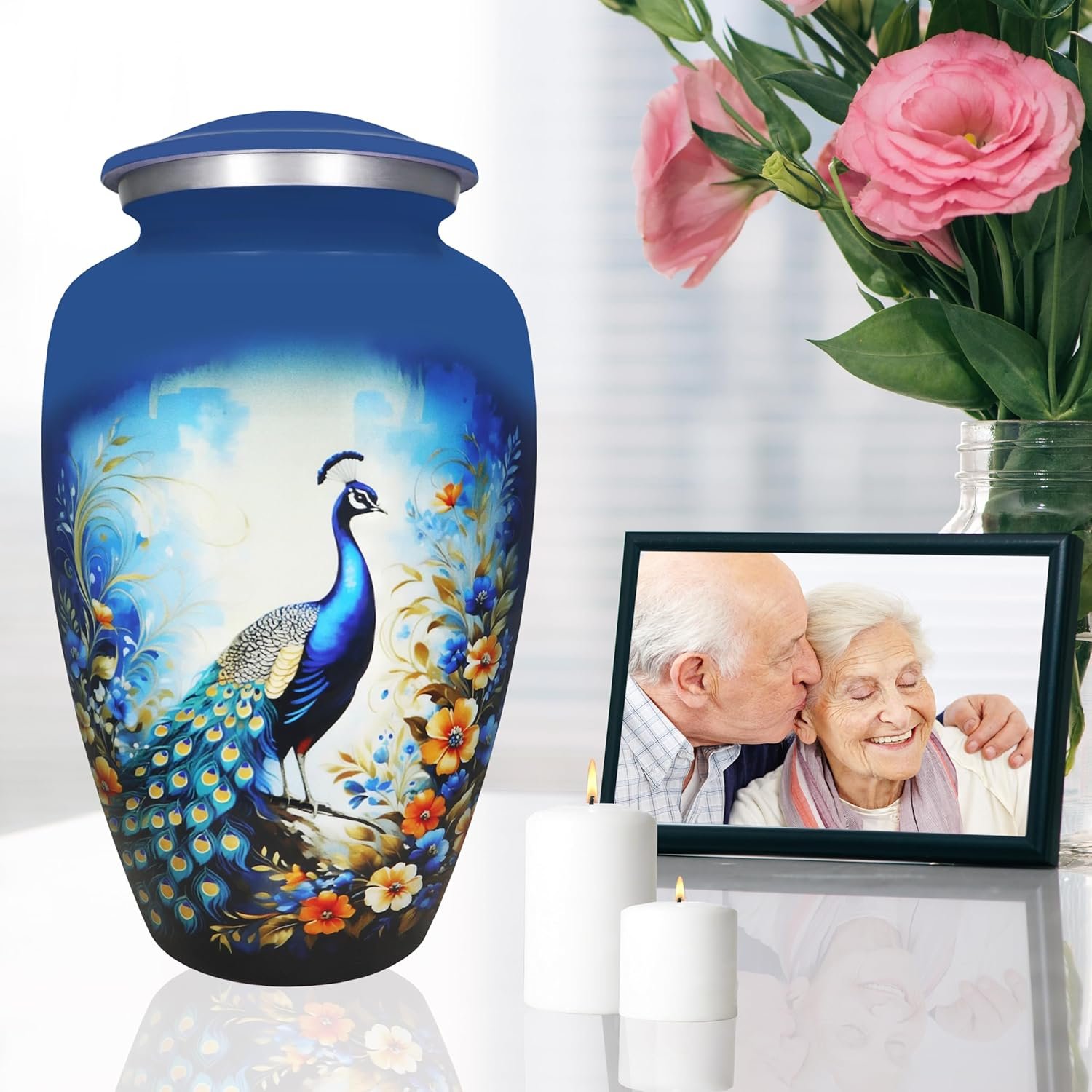 Large Blue Peacock Design Cremation Urn – Floral Memorial Burial Urn for Adults - Image 2