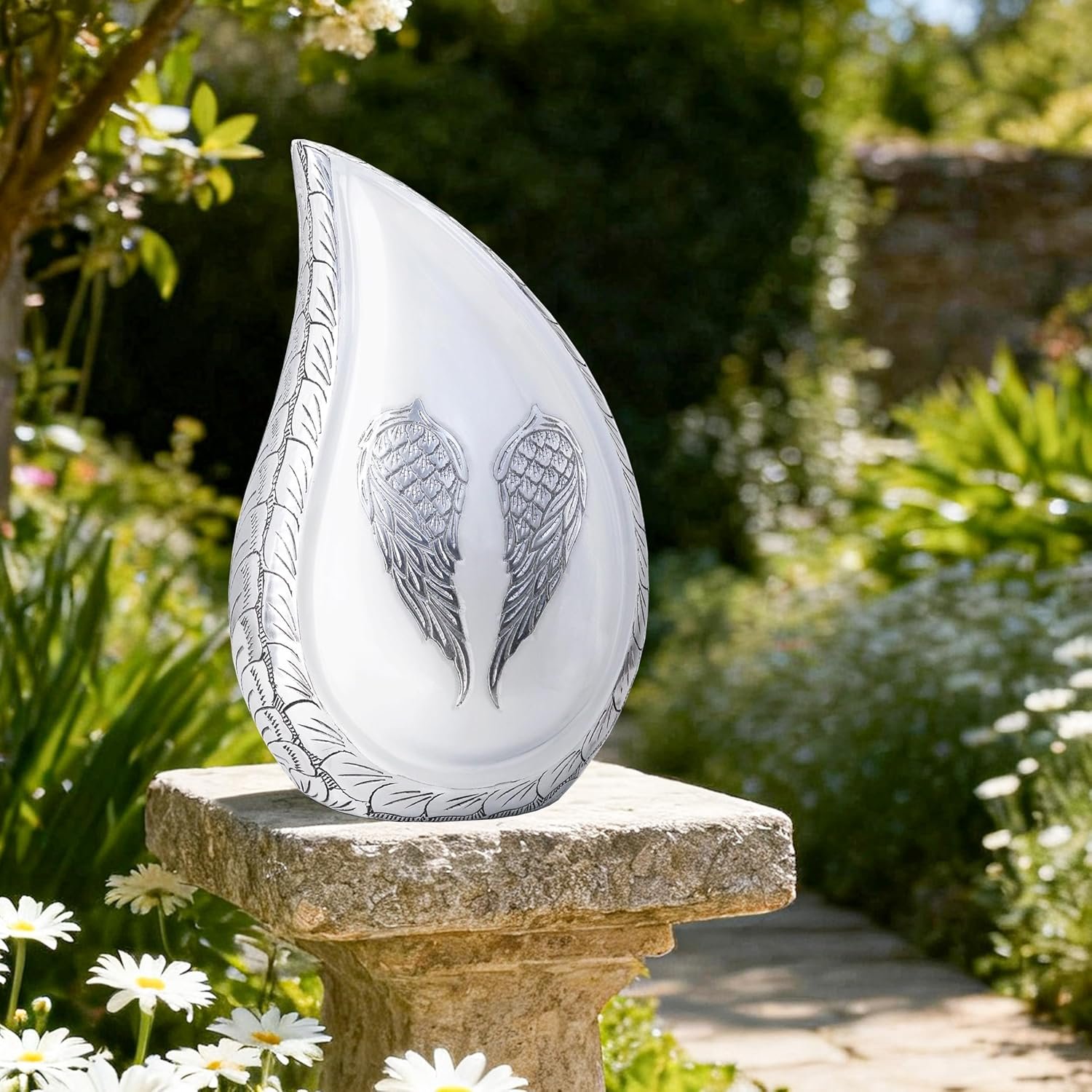 Large Teardrop Cremation Urn with White Engraved Angel Wings – Decorative Burial Urn for Adults - Image 3