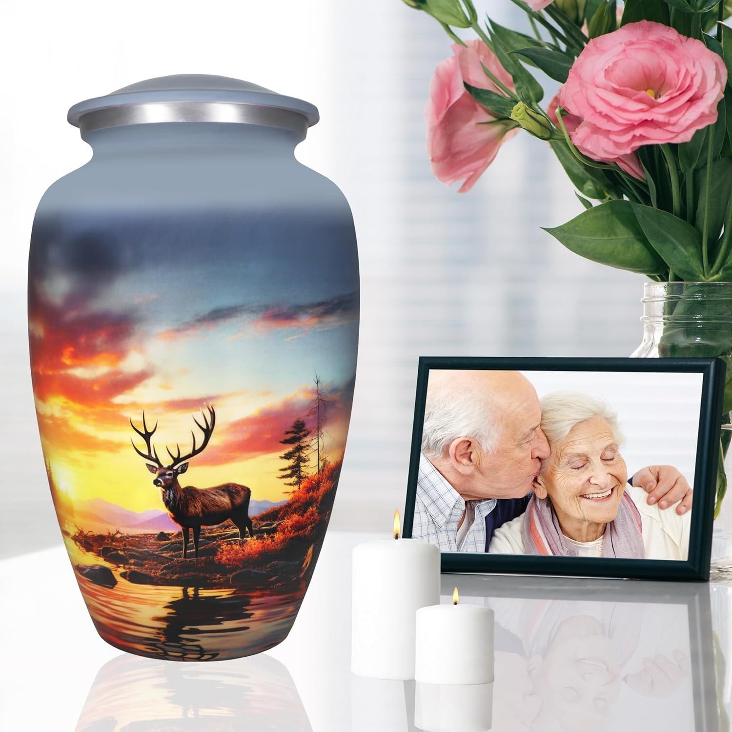 Large Gray Deer Design Cremation Urn – Decorative Burial Memorial Urn for Adults
