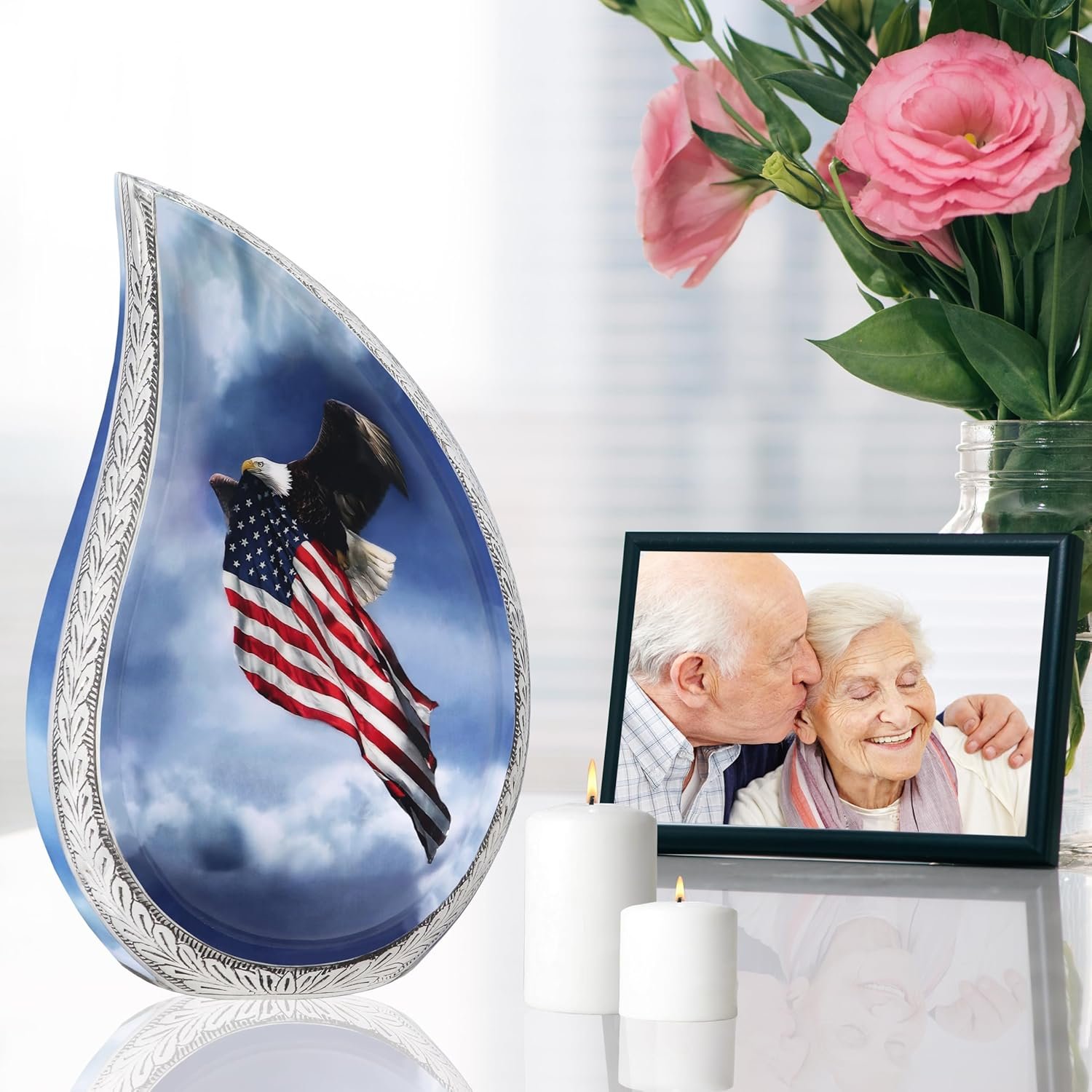 Large Patriotic Eagle & Flag Teardrop Cremation Urn β Veteran Flag Design for Adult Men & Women - Image 4