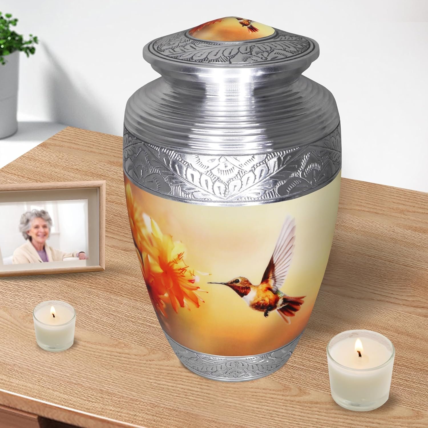 Large Yellow Hummingbird & Floral Cremation Urn – Decorative Memorial Urn for Adults - Image 2