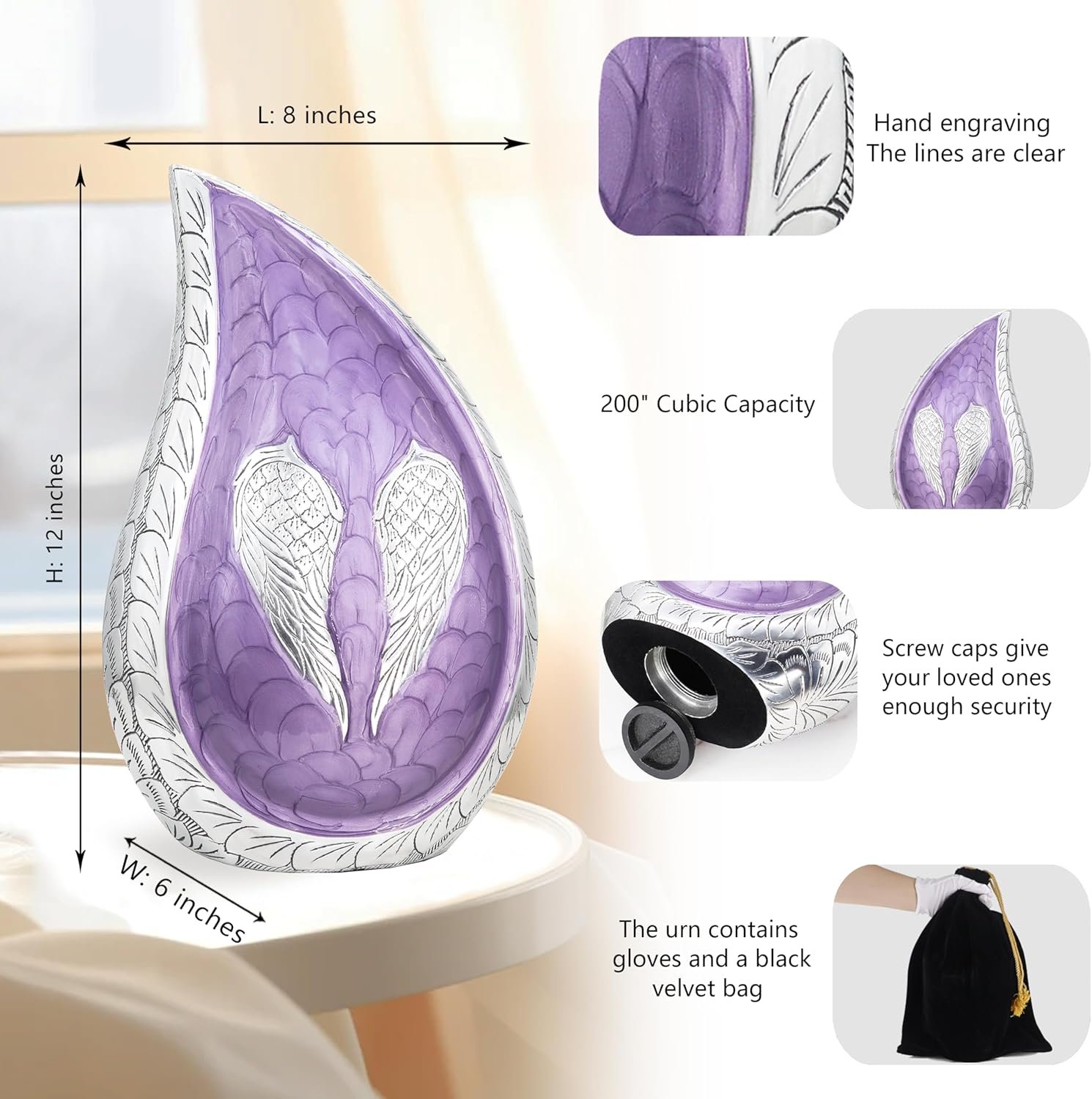 Large Teardrop Cremation Urn with Purple Engraved Angel Wings – Decorative Burial Urn for Adults - Image 3