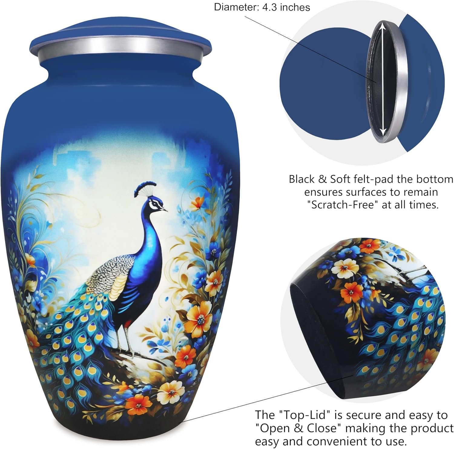 Large Blue Peacock Design Cremation Urn – Floral Memorial Burial Urn for Adults - Image 4