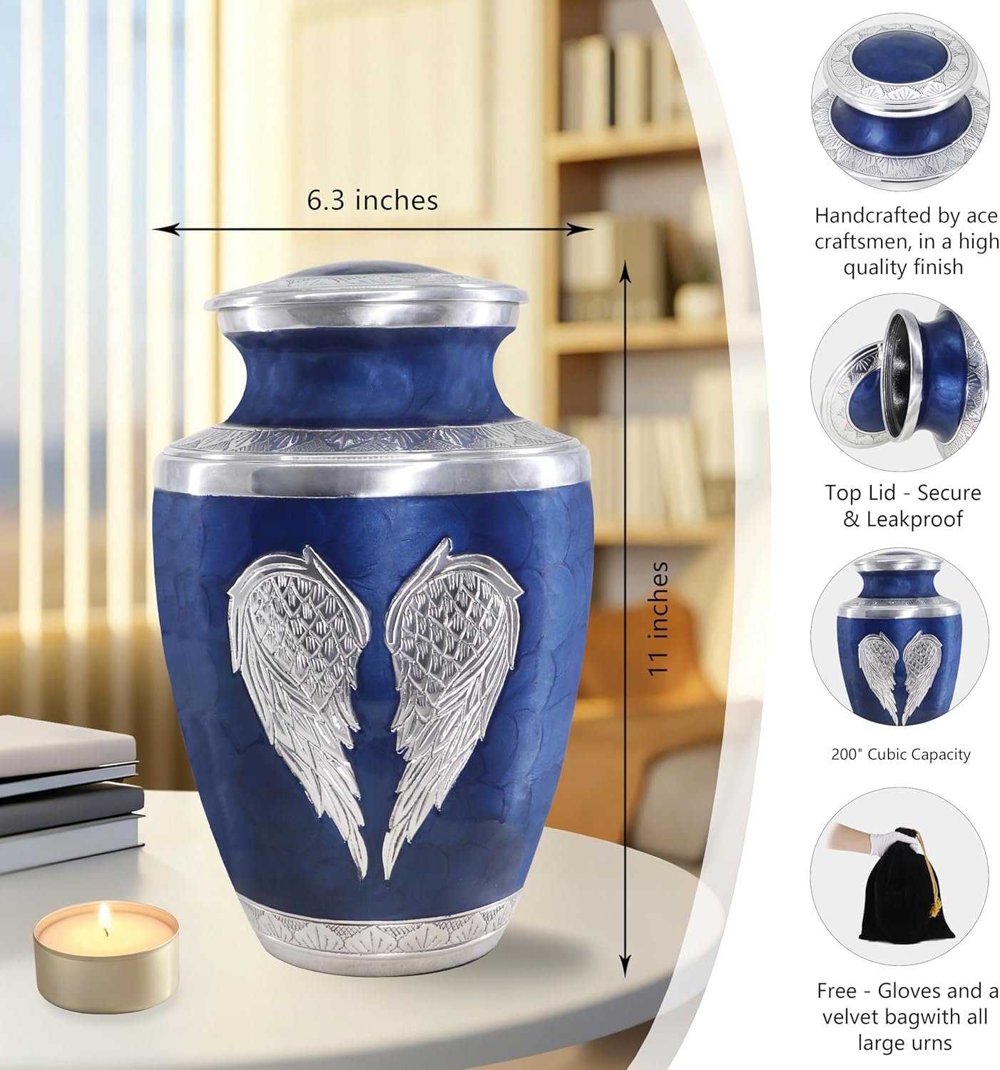 Large Dark Blue Cremation Urn with Silver Angel Wings – Decorative Burial Urn for Adult Men & Women - Image 3