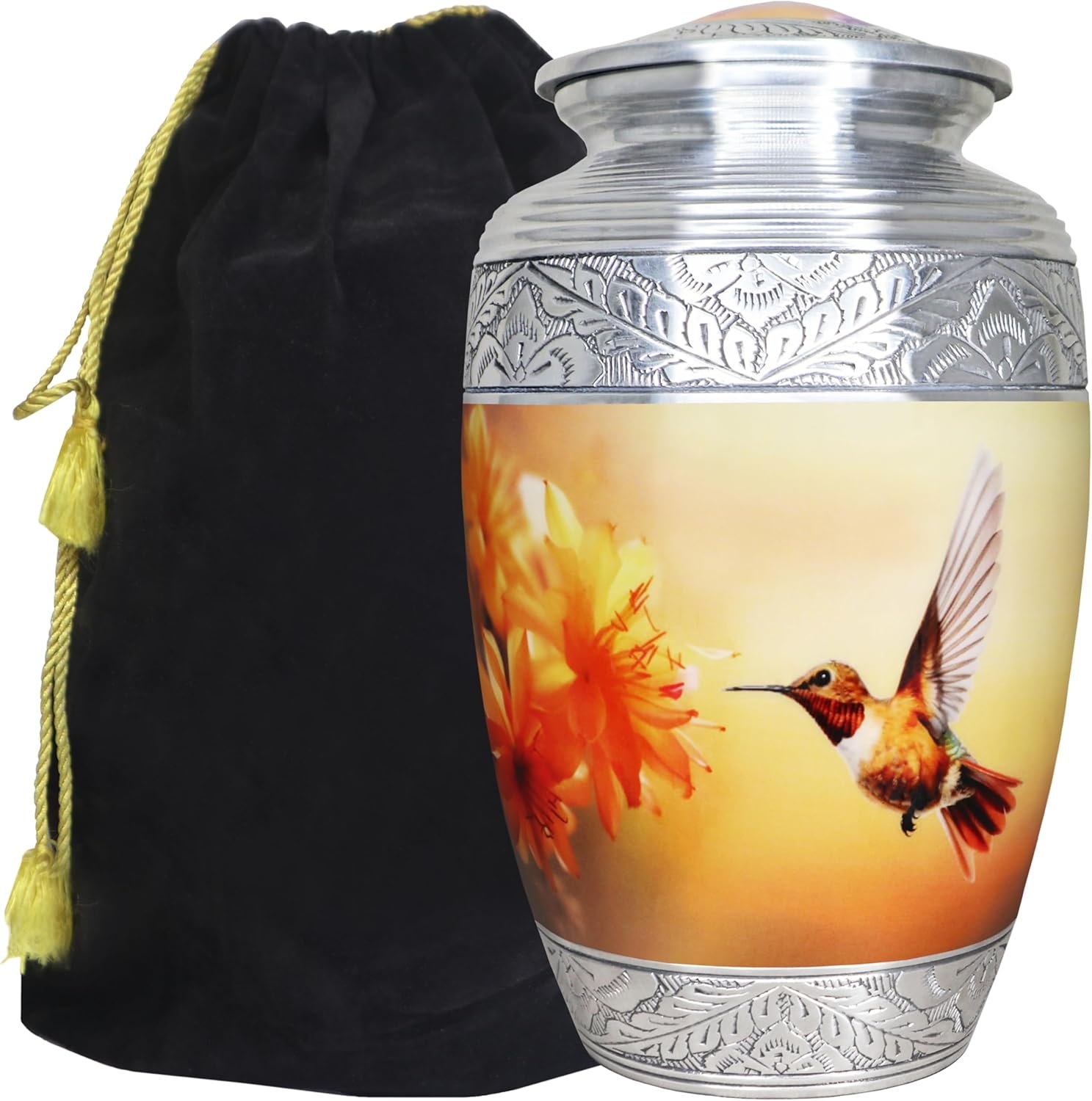 Large Yellow Hummingbird & Floral Cremation Urn – Decorative Memorial Urn for Adults - Image 3