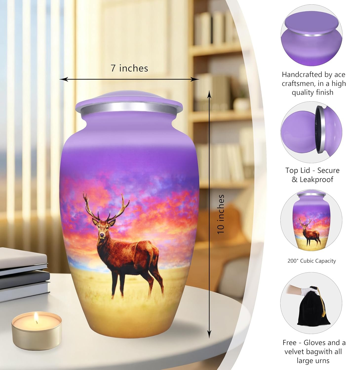 Large Purple Deer Design Cremation Urn – Decorative Burial Memorial Urn for Adults - Image 3