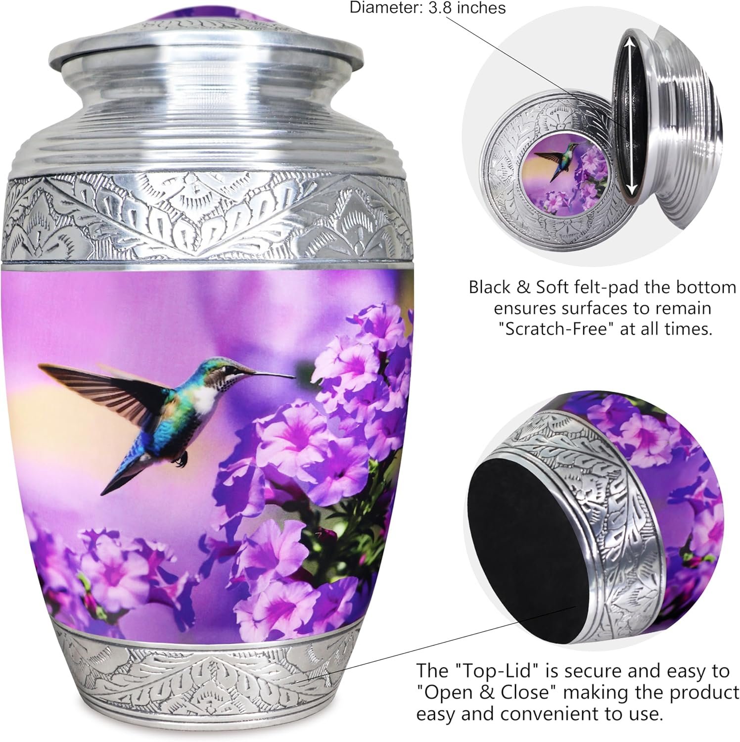 Large Purple Hummingbird & Floral Cremation Urn – Decorative Memorial Urn for Adults - Image 5