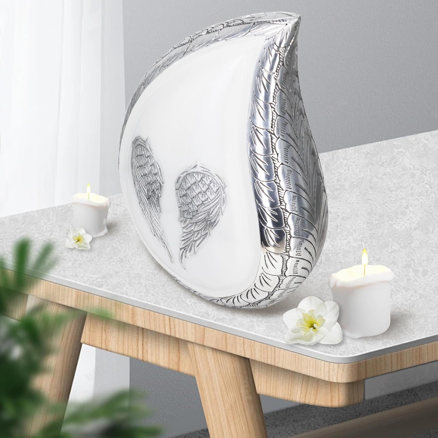 Large Teardrop Cremation Urn with White Engraved Angel Wings – Decorative Burial Urn for Adults - Image 4
