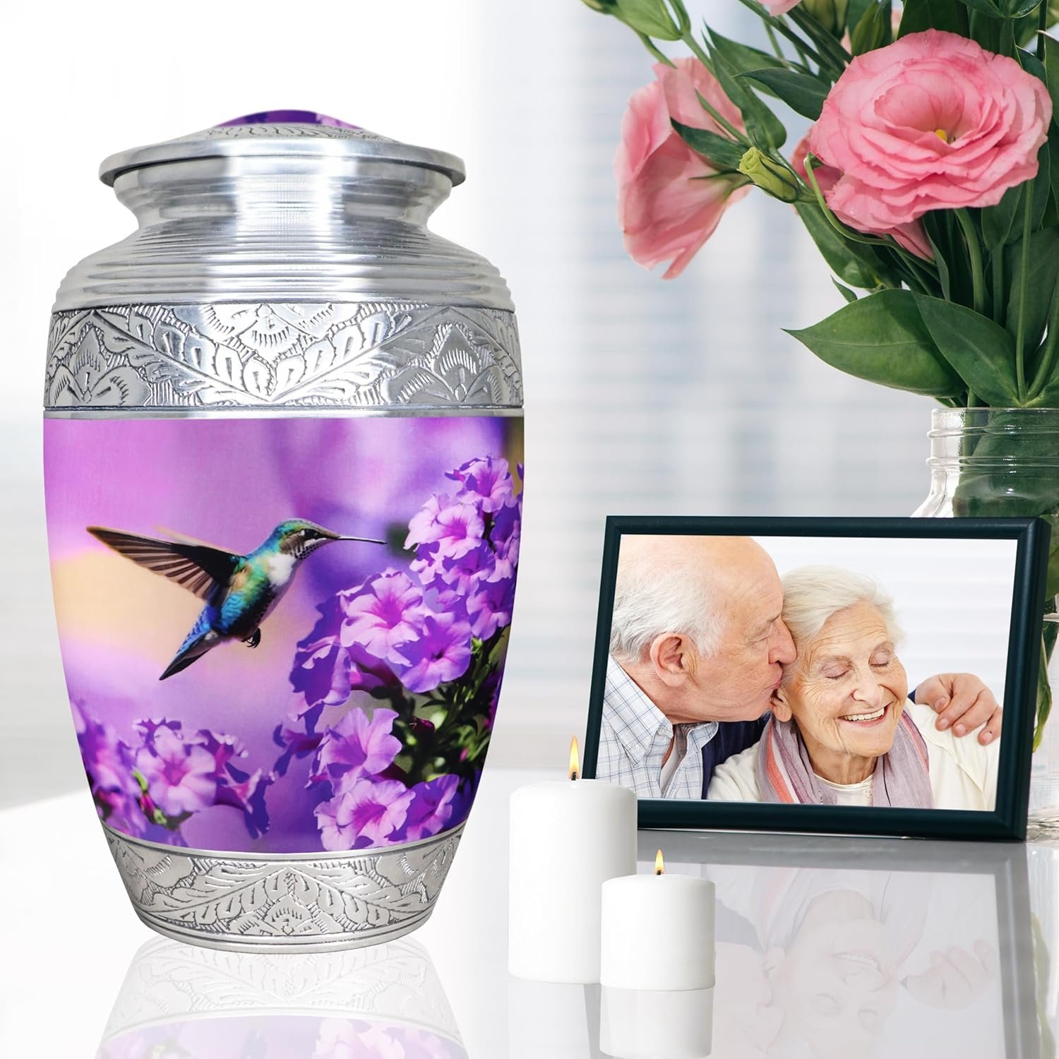 Large Purple Hummingbird & Floral Cremation Urn – Decorative Memorial Urn for Adults