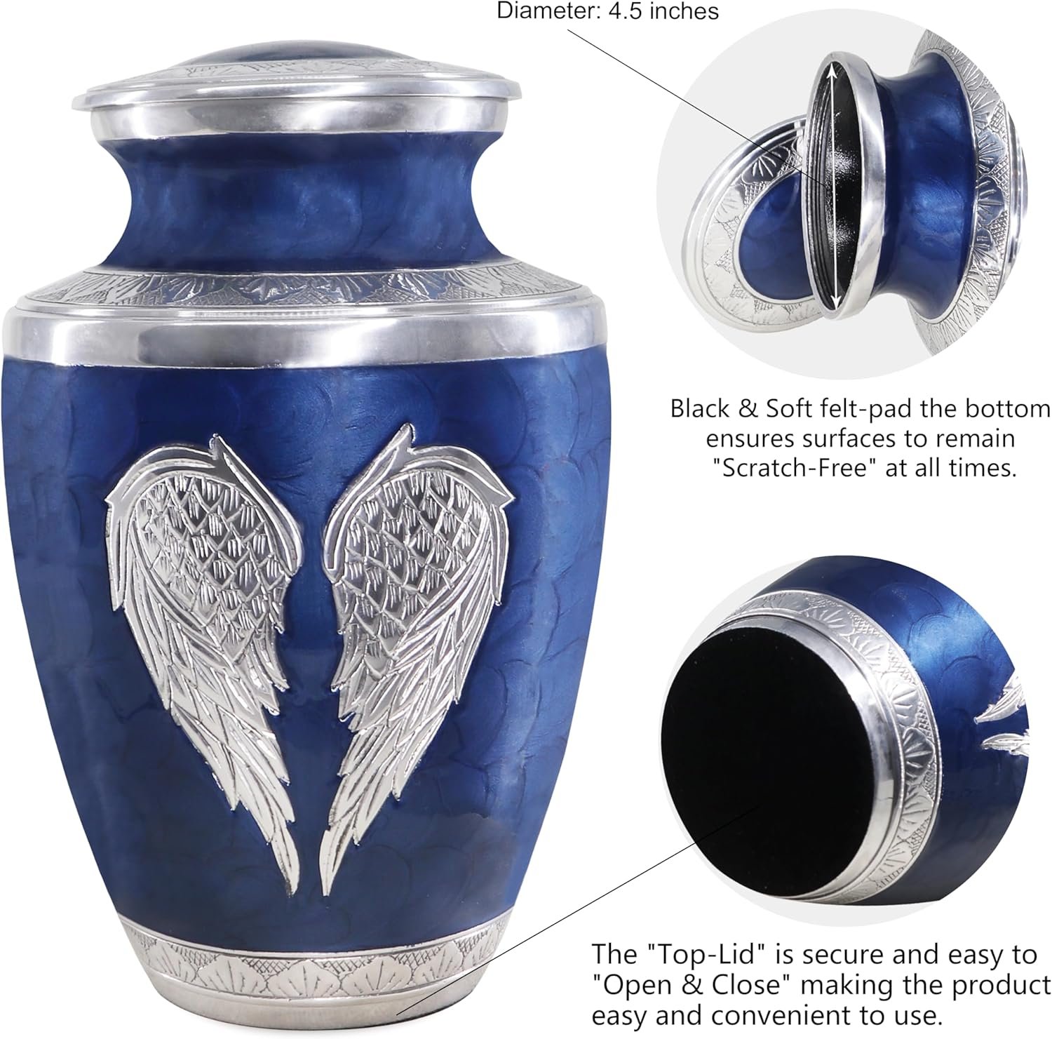 Large Dark Blue Cremation Urn with Silver Angel Wings – Decorative Burial Urn for Adult Men & Women - Image 2