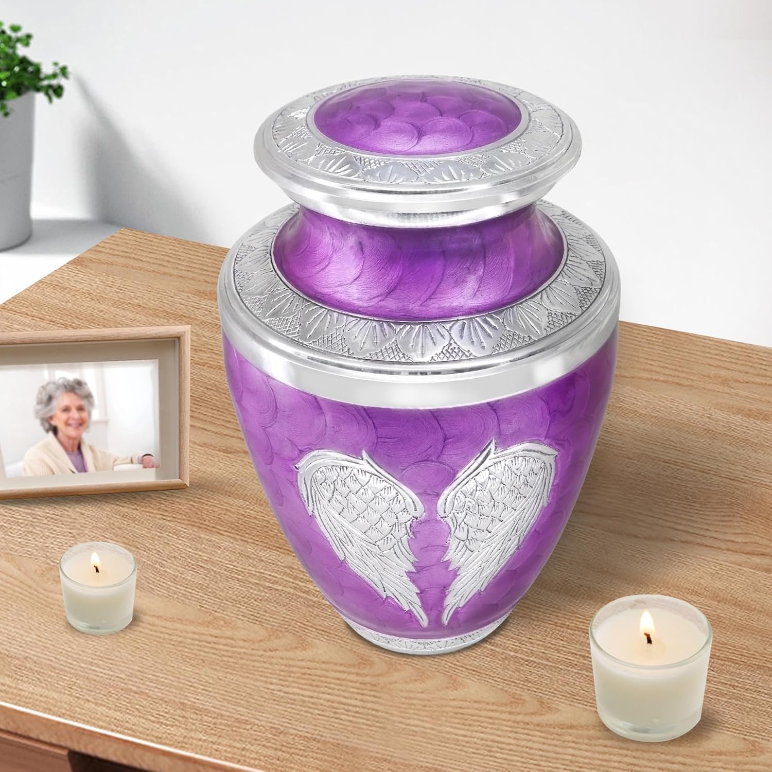 Large Purple Cremation Urn with Silver Angel Wings – Decorative Burial Urn for Adult Men & Women - Image 5
