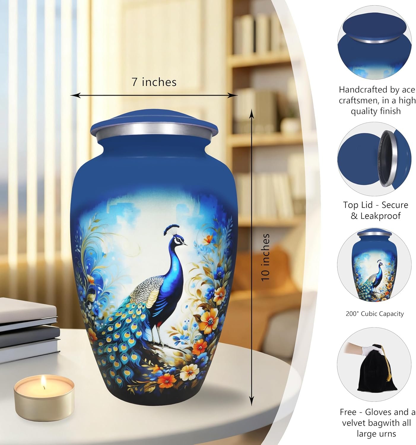 Large Blue Peacock Design Cremation Urn – Floral Memorial Burial Urn for Adults - Image 5