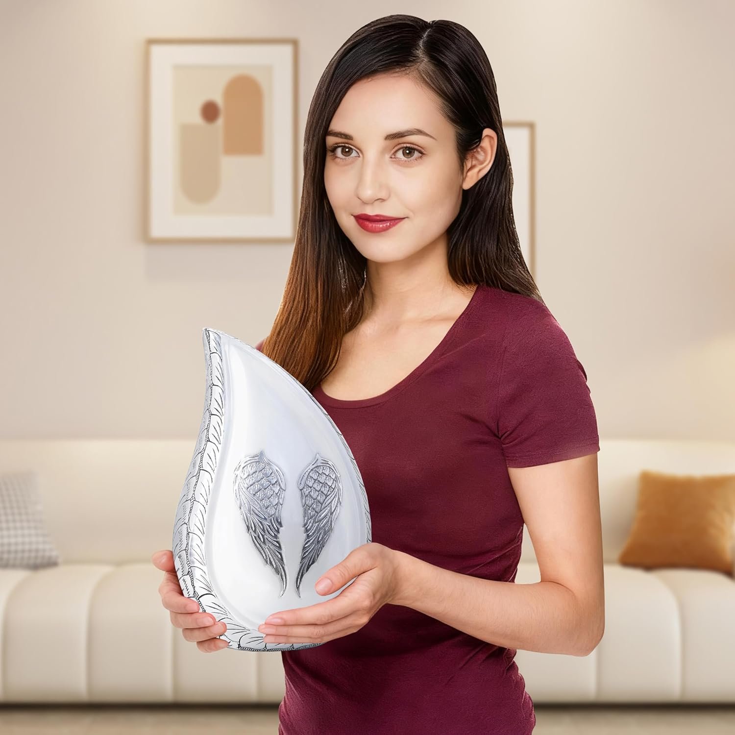 Large Teardrop Cremation Urn with White Engraved Angel Wings – Decorative Burial Urn for Adults - Image 2