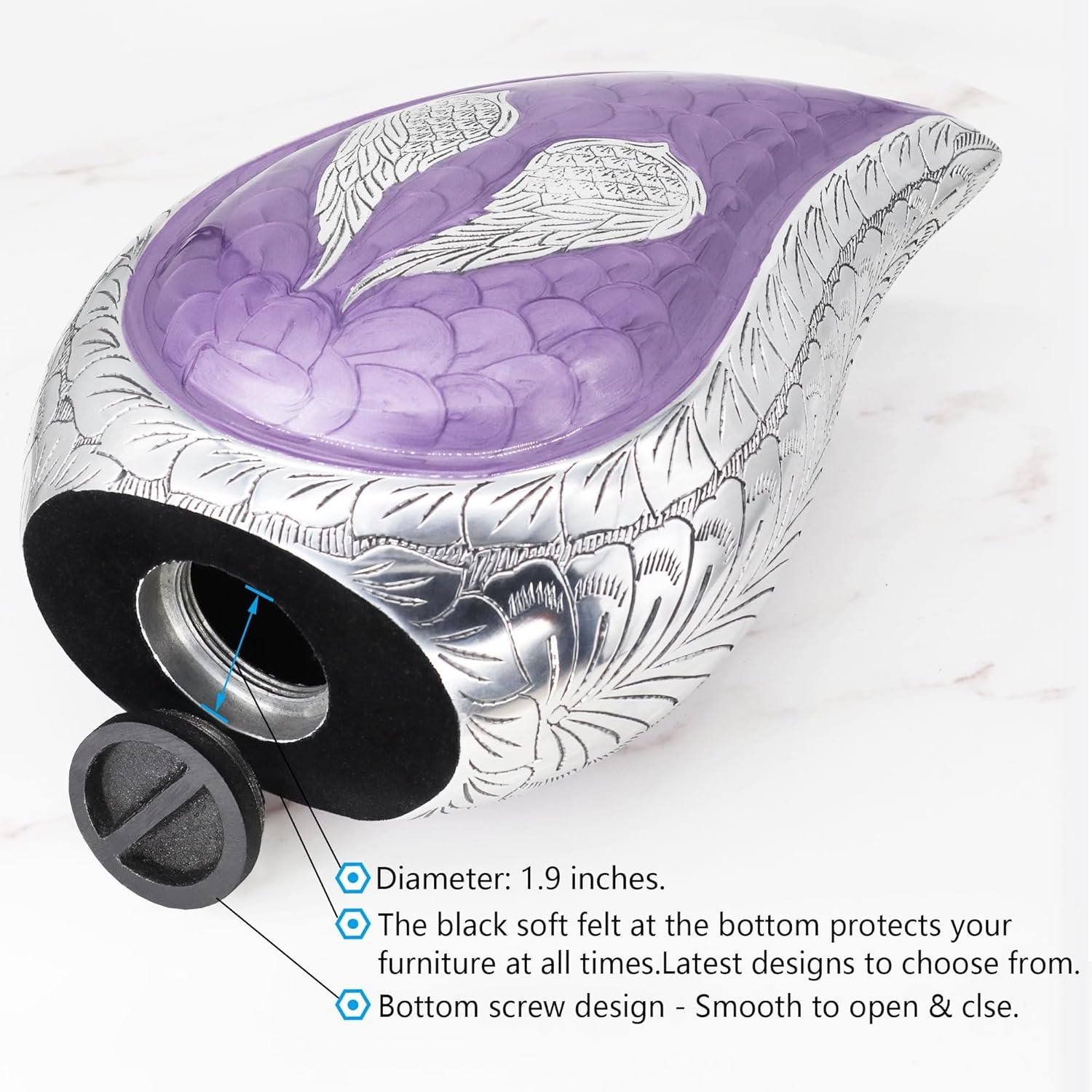 Large Teardrop Cremation Urn with Purple Engraved Angel Wings – Decorative Burial Urn for Adults - Image 2