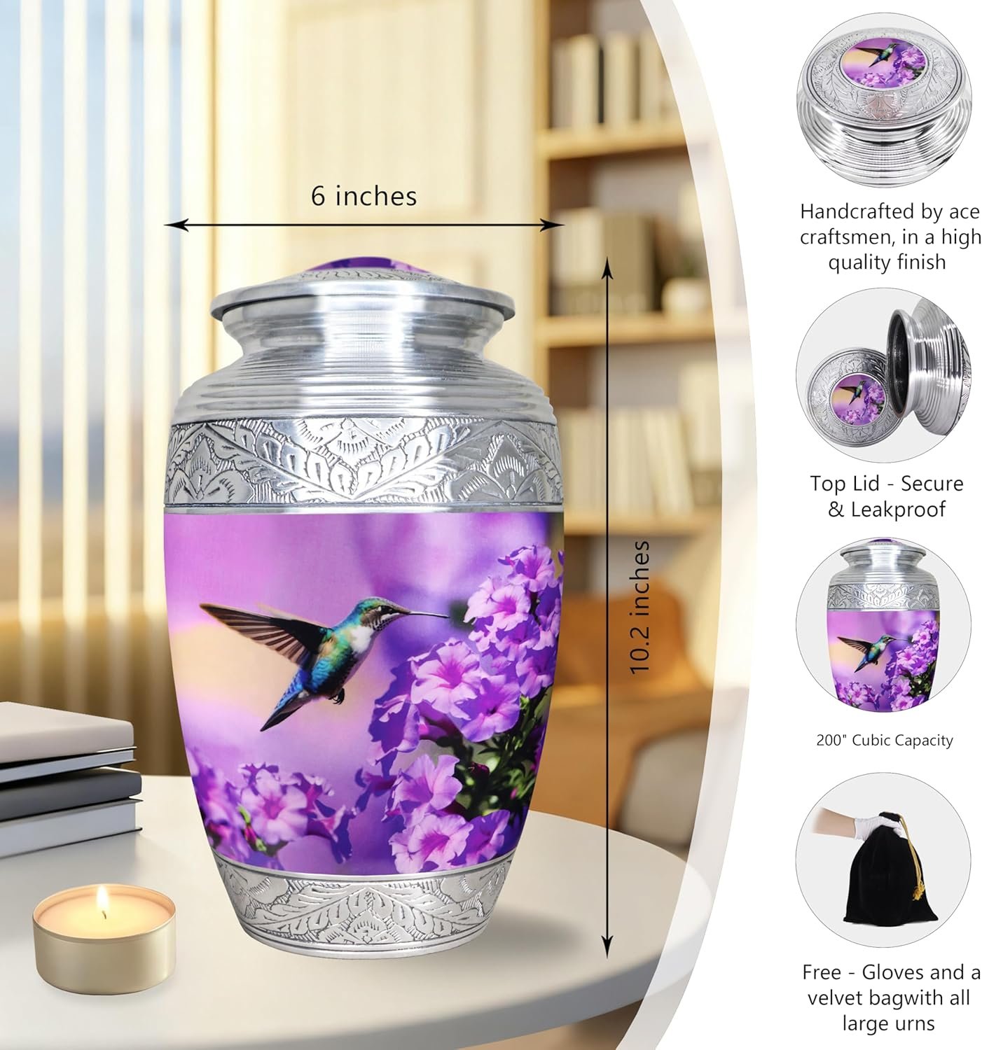 Large Purple Hummingbird & Floral Cremation Urn – Decorative Memorial Urn for Adults - Image 2