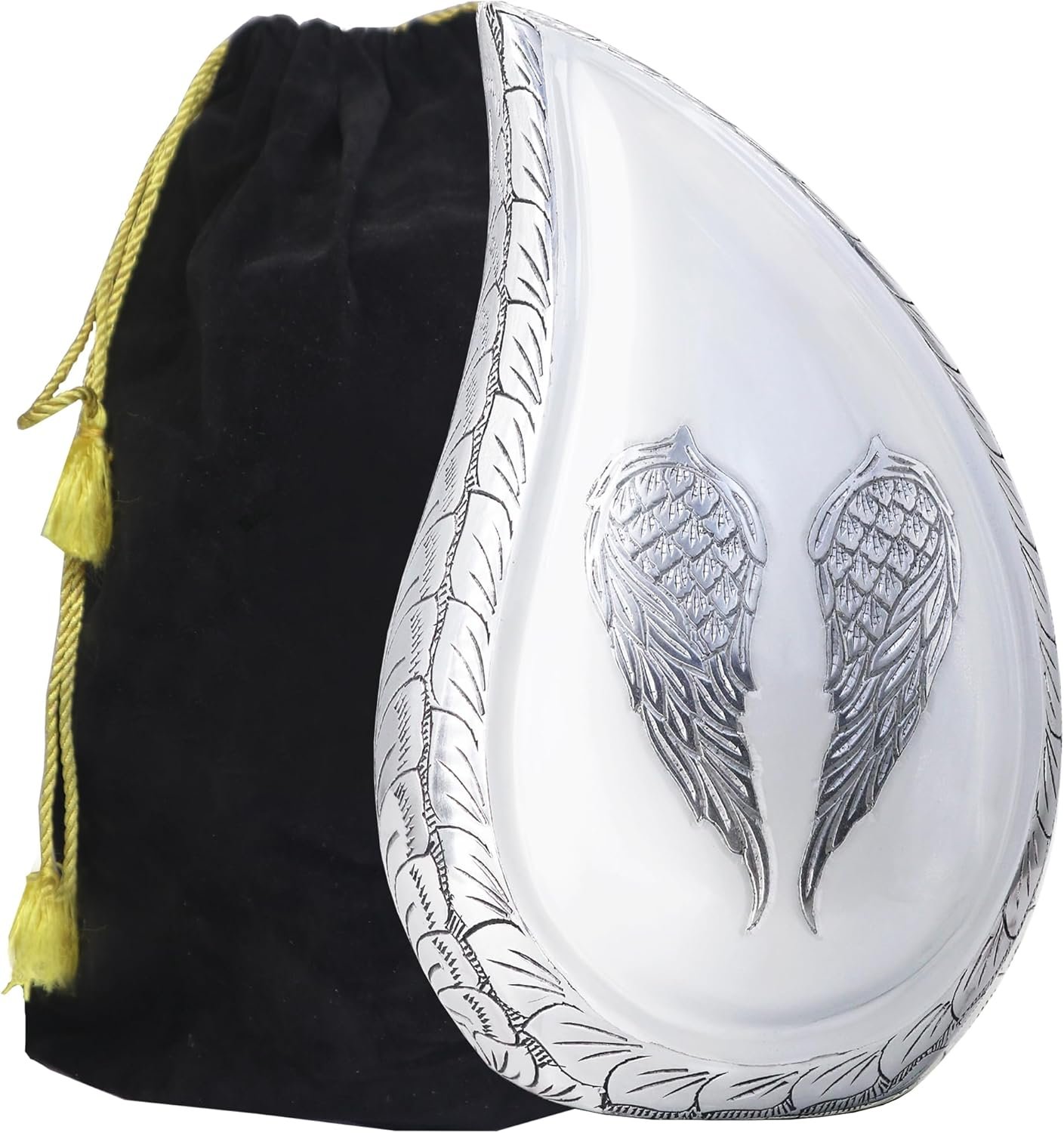 Large Teardrop Cremation Urn with White Engraved Angel Wings – Decorative Burial Urn for Adults - Image 7