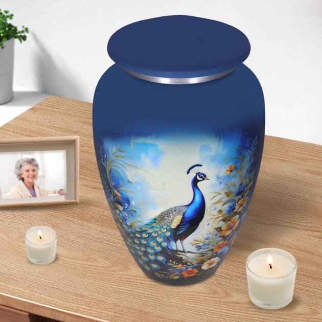 Large Blue Peacock Design Cremation Urn – Floral Memorial Burial Urn for Adults