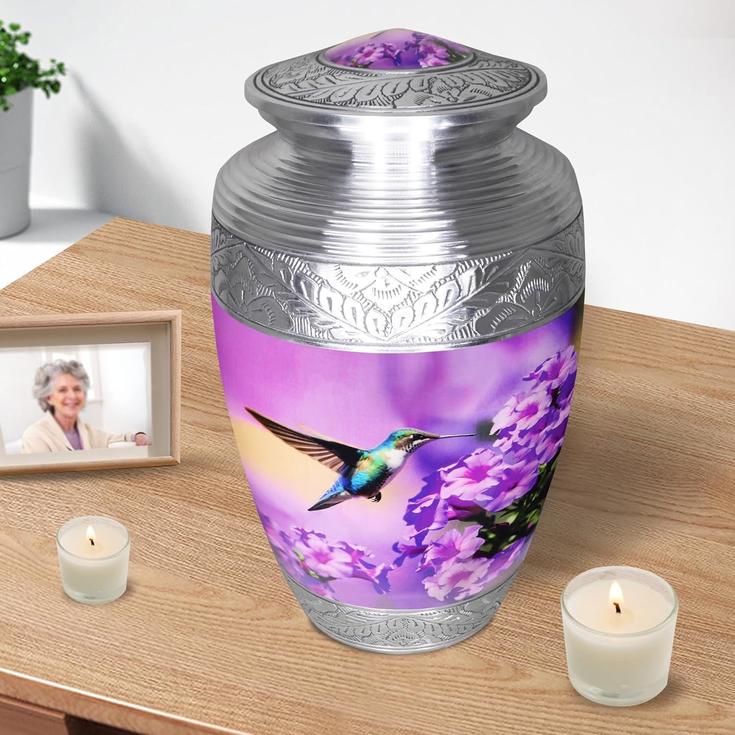 Large Purple Hummingbird & Floral Cremation Urn – Decorative Memorial Urn for Adults - Image 4