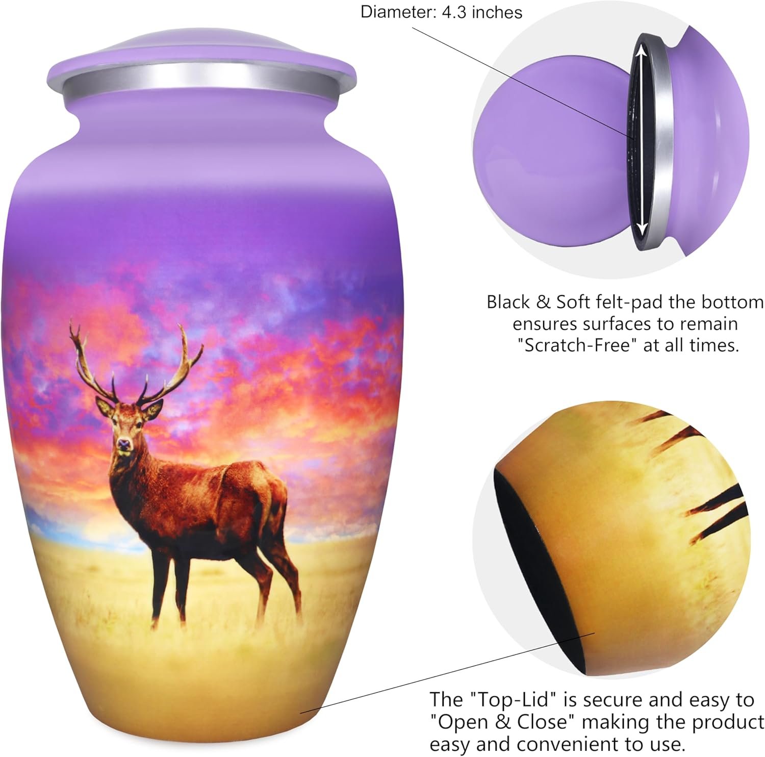 Large Purple Deer Design Cremation Urn – Decorative Burial Memorial Urn for Adults - Image 2