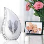 Large Teardrop Cremation Urn with White Engraved Angel Wings – Decorative Burial Urn for Adults