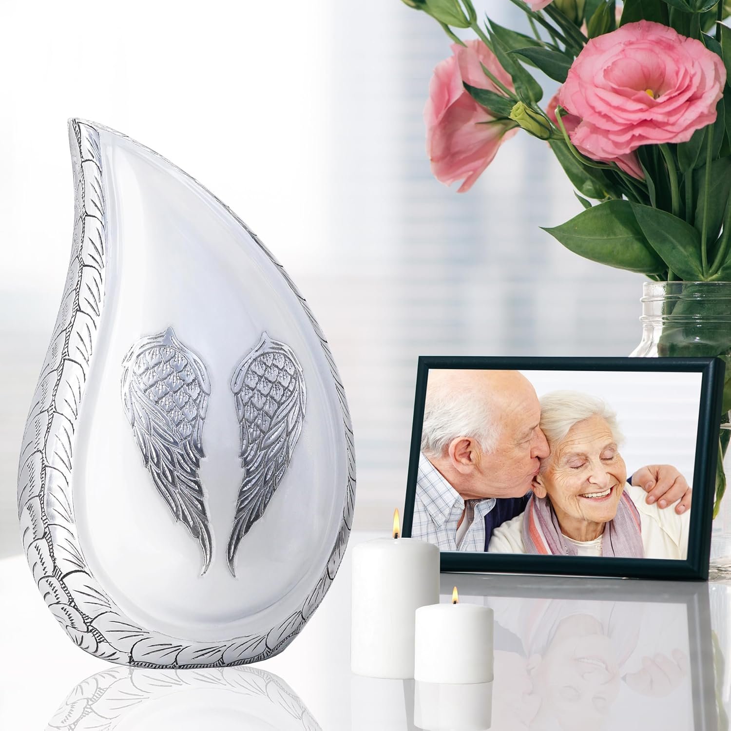 Large Teardrop Cremation Urn with White Engraved Angel Wings – Decorative Burial Urn for Adults