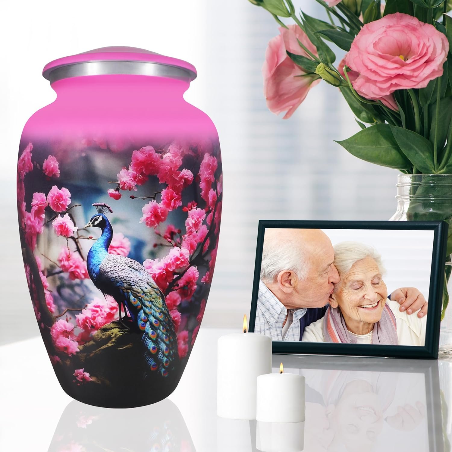 Large Pink Peacock Design Cremation Urn – Floral Memorial Burial Urn for Adults - Image 3