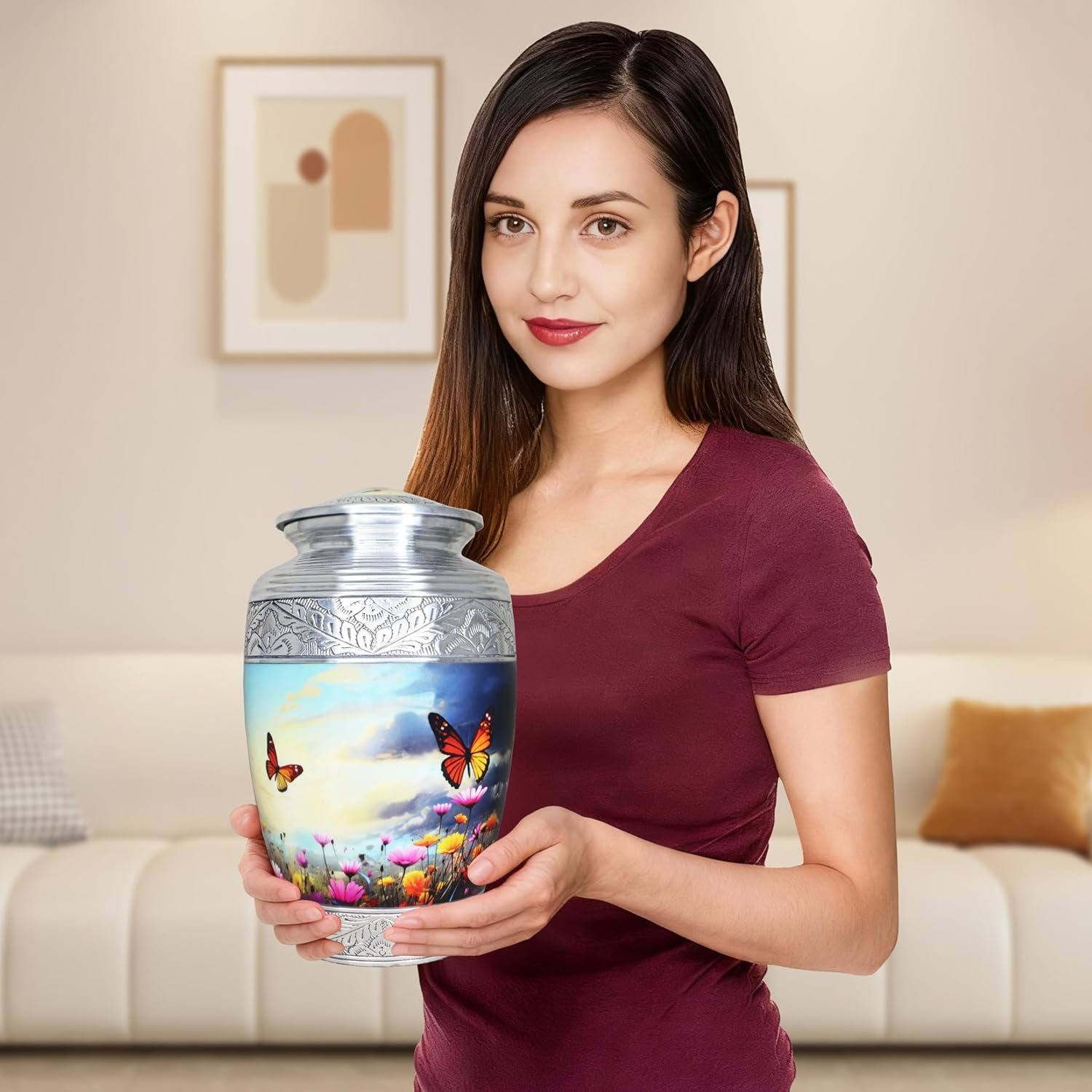 Large Cremation Urn for Human Ashes Burial Urn with Colorful Butterflies, Flower & Butterfly for Men & Women - Image 6