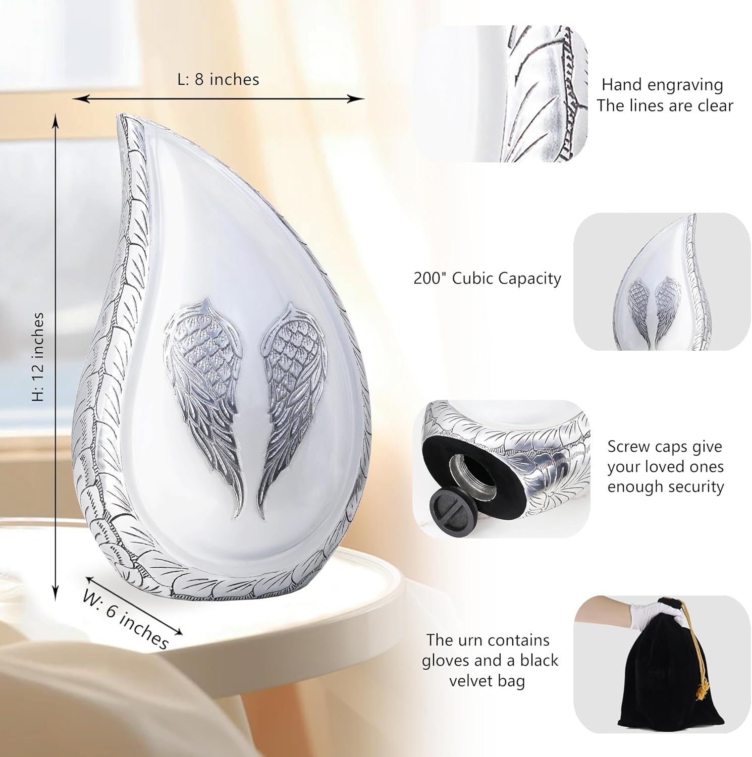 Large Teardrop Cremation Urn with White Engraved Angel Wings – Decorative Burial Urn for Adults - Image 6