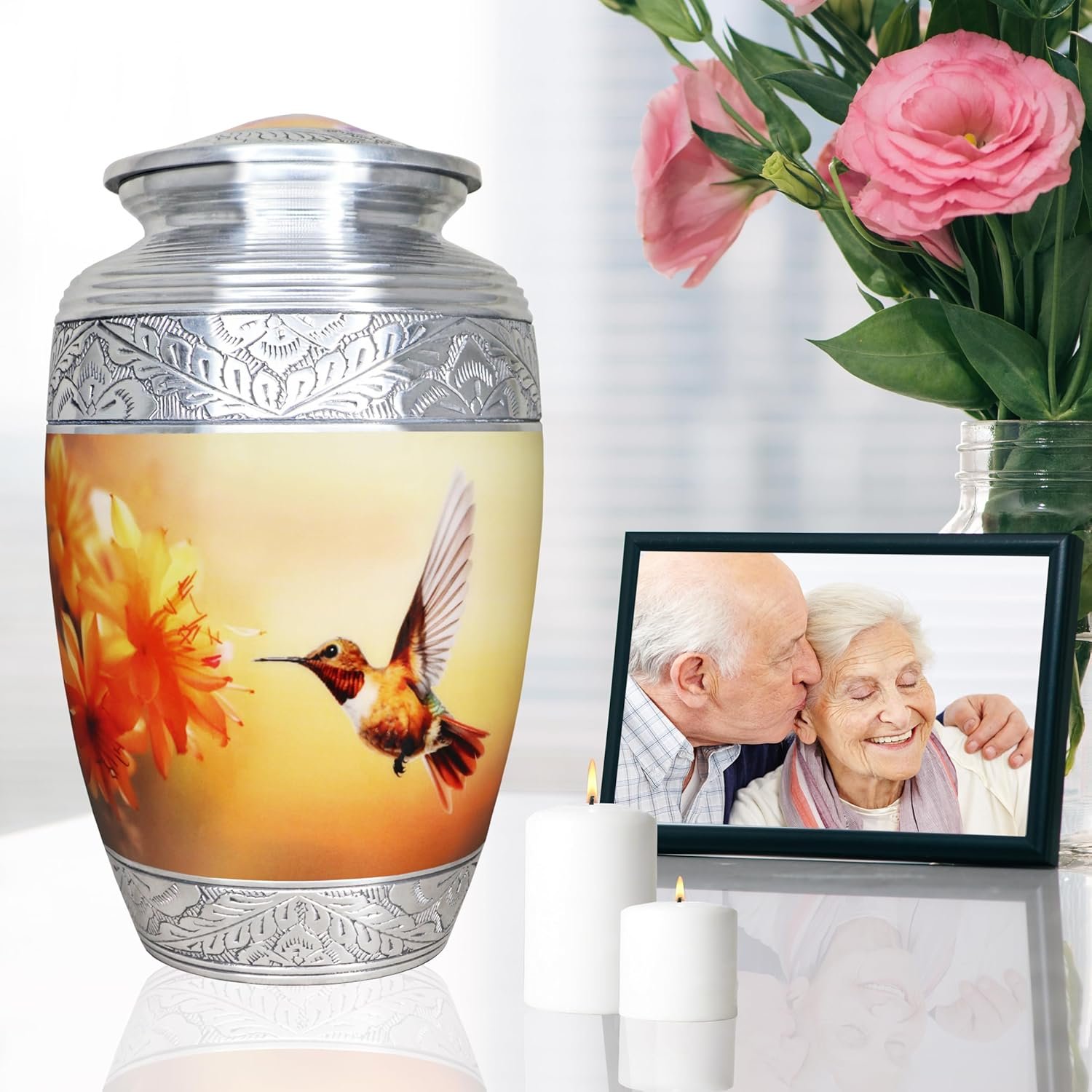 Large Yellow Hummingbird & Floral Cremation Urn – Decorative Memorial Urn for Adults