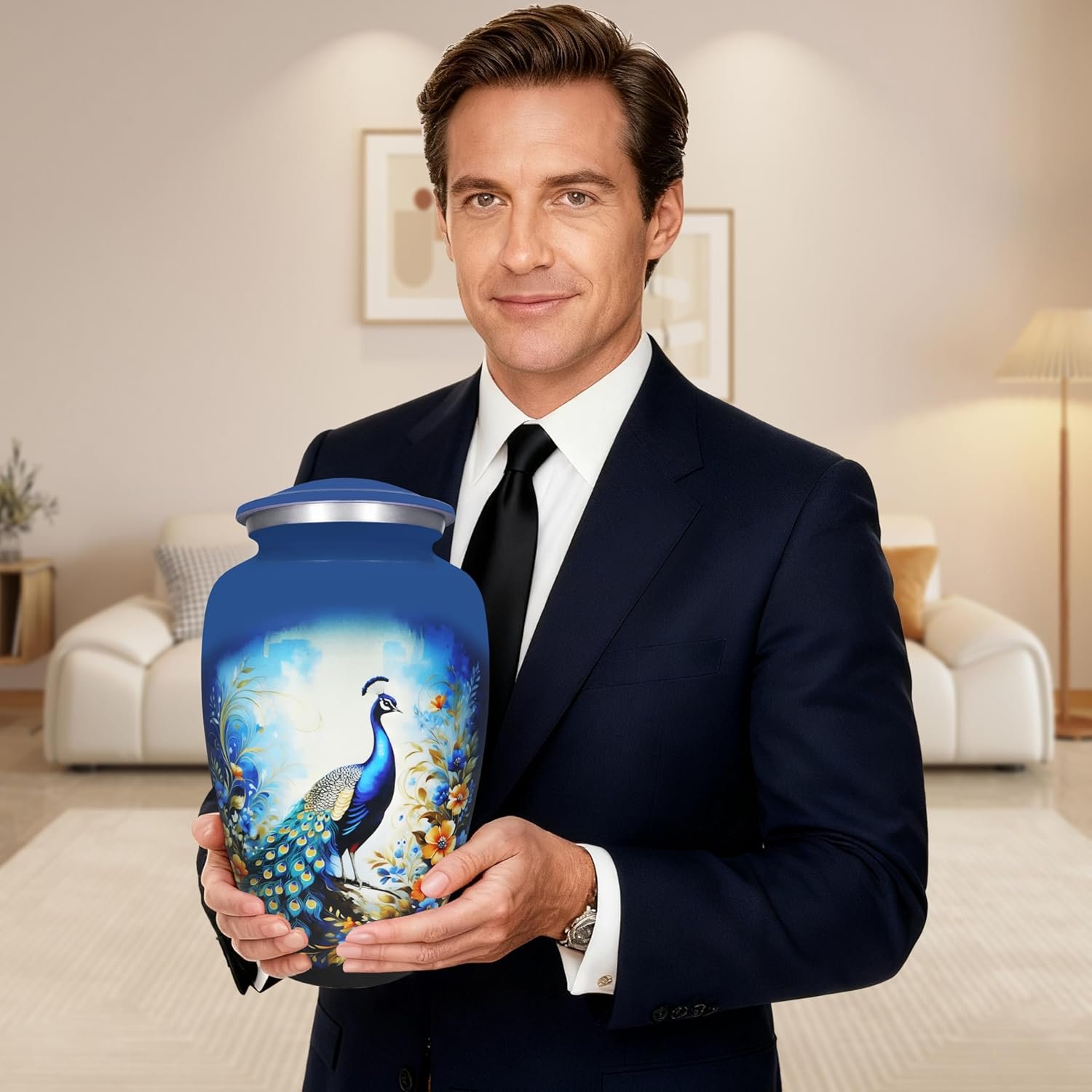 Large Blue Peacock Design Cremation Urn – Floral Memorial Burial Urn for Adults - Image 3