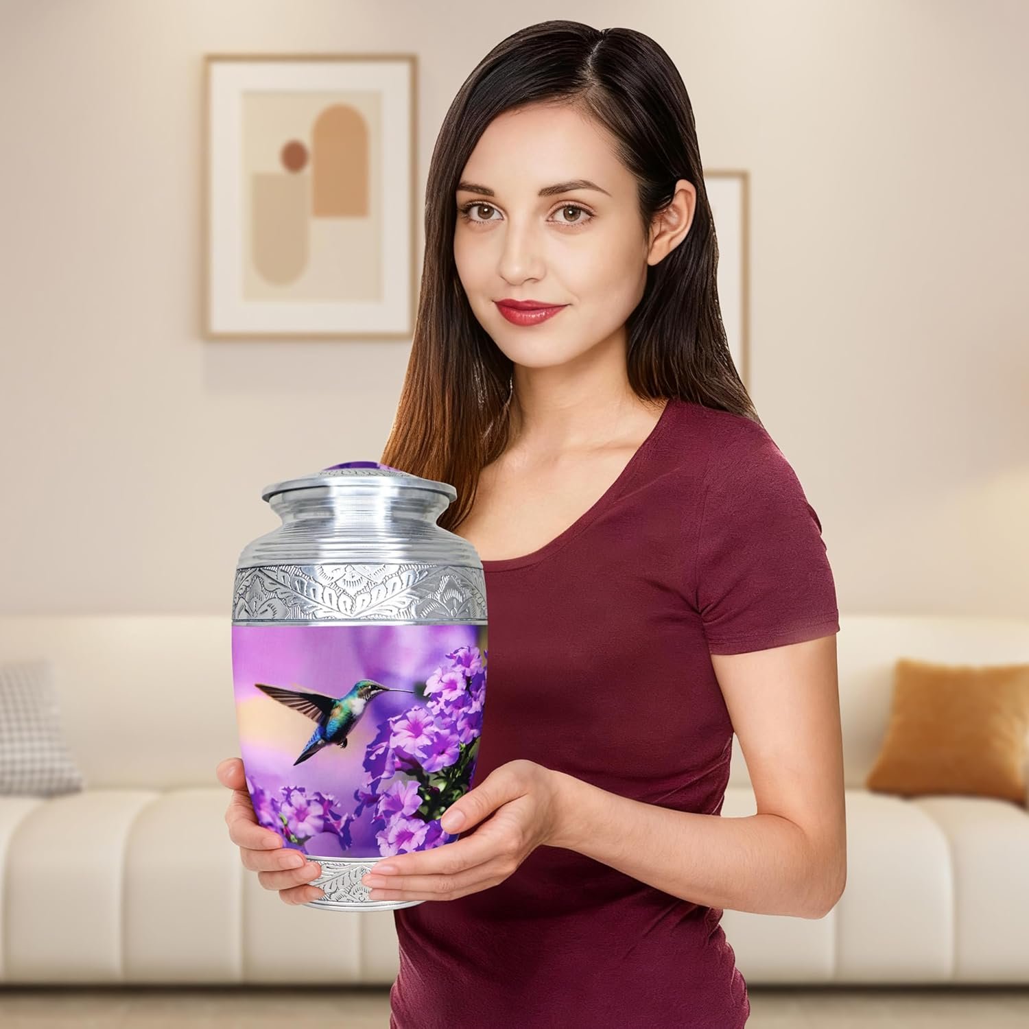 Large Purple Hummingbird & Floral Cremation Urn – Decorative Memorial Urn for Adults - Image 6