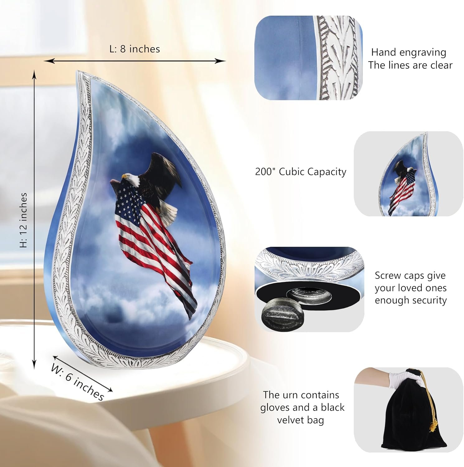 Large Patriotic Eagle & Flag Teardrop Cremation Urn β Veteran Flag Design for Adult Men & Women - Image 3