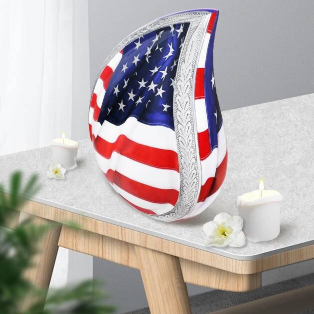 Large Patriotic Colorful & Flag Teardrop Cremation Urn – Veteran Flag Design for Adult Men & Women