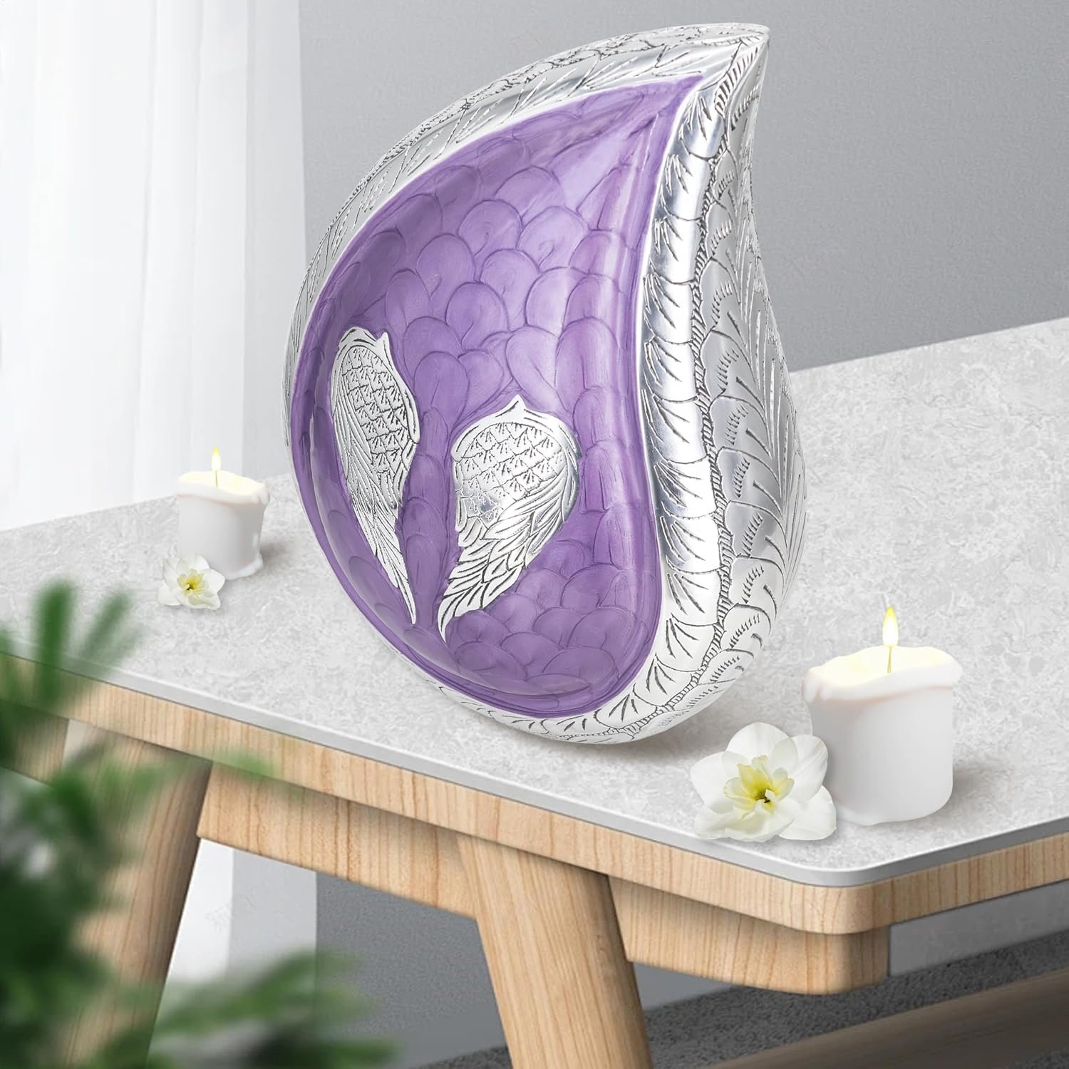 Large Teardrop Cremation Urn with Purple Engraved Angel Wings – Decorative Burial Urn for Adults - Image 5