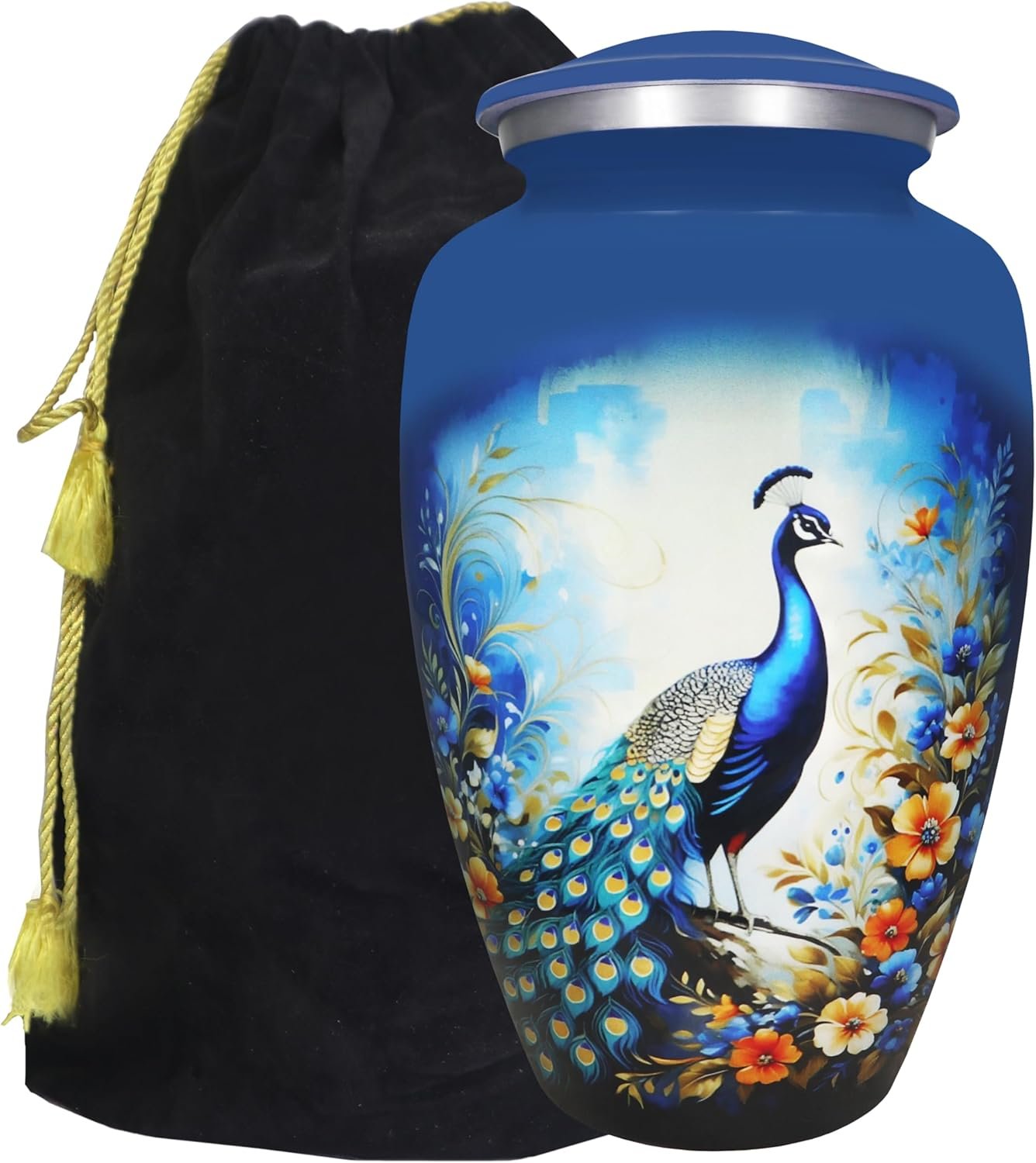 Large Blue Peacock Design Cremation Urn – Floral Memorial Burial Urn for Adults - Image 6