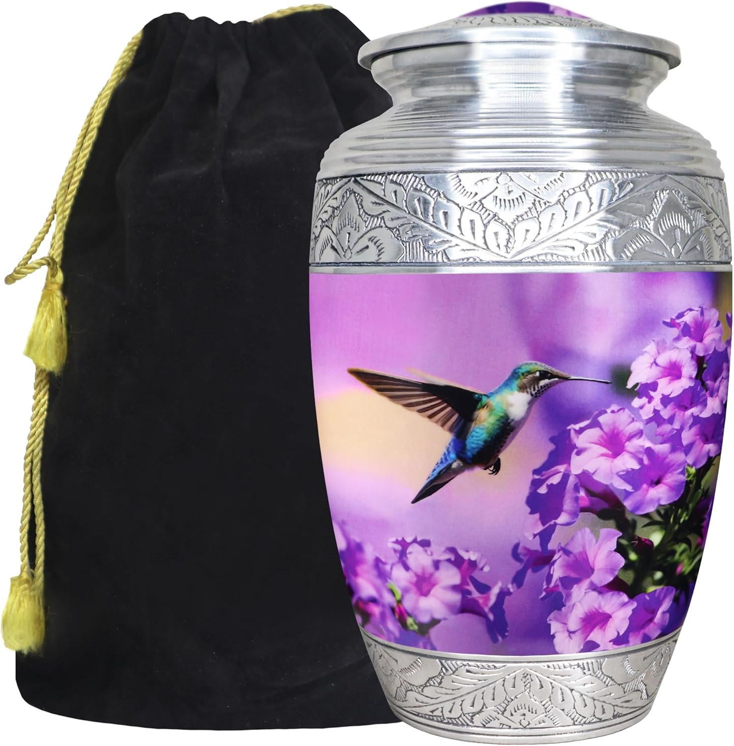 Large Purple Hummingbird & Floral Cremation Urn – Decorative Memorial Urn for Adults - Image 3